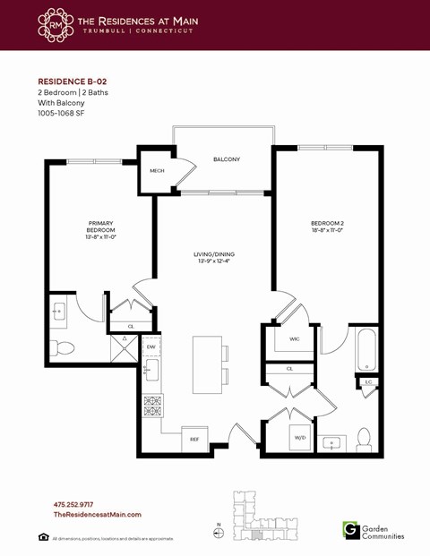 Floor plan for 2 beds, 2 baths, 1068 sqft